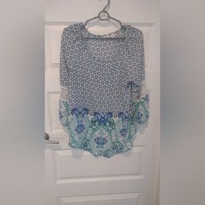 White and blue and  turquoise long sleeve blouse summer style